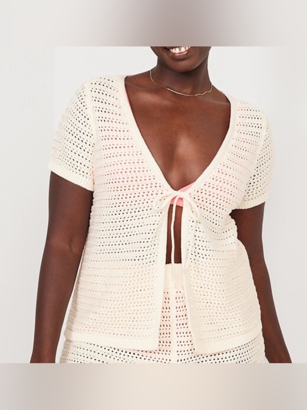 Cream Crochet Tie-Front Swim Cover-Up Top size Small